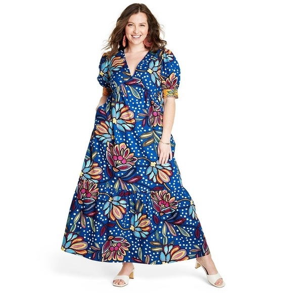TABITHA‎ BROWN x TARGET Mixed Floral Polka Dot Print Puff Sleeve Maxi Dress - Picture 1 of 13